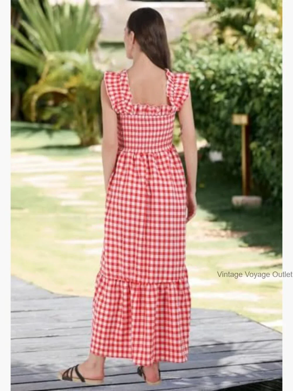 Sleeveless Smocked Plaid Maxi Dress Flowy Ruffle Boho Casual - Picture 5 of 6